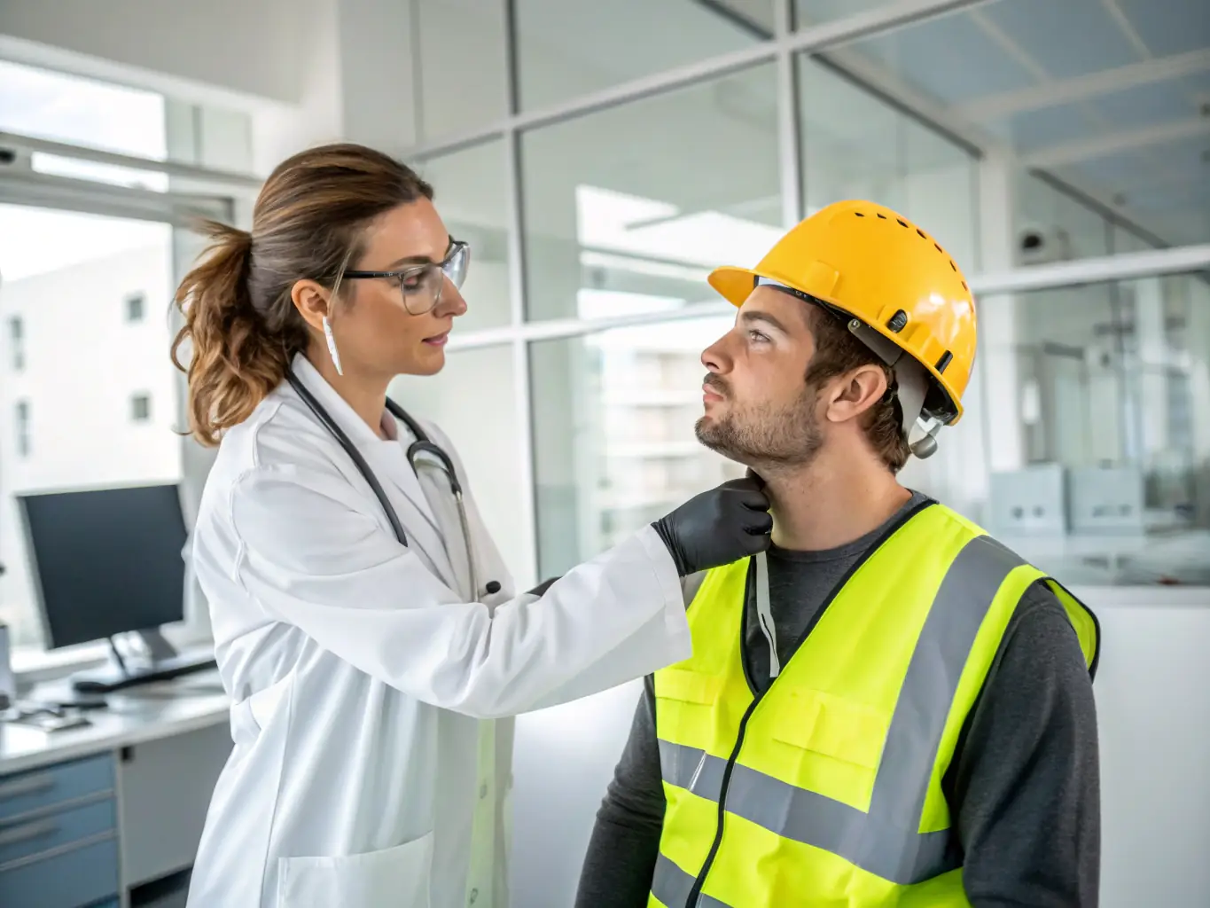 A healthcare professional attending to an employee with a workplace injury in a modern clinic setting, showcasing Dunnam Occupational Care's commitment to rapid and effective treatment.