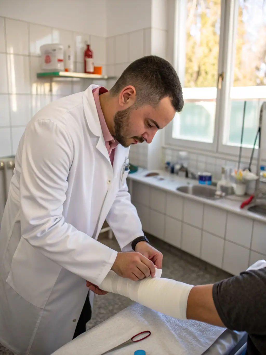 A medical professional bandaging a worker's hand in a clean, well-lit clinic setting, emphasizing the care provided for workplace injuries at Dunnam Occupational Care.