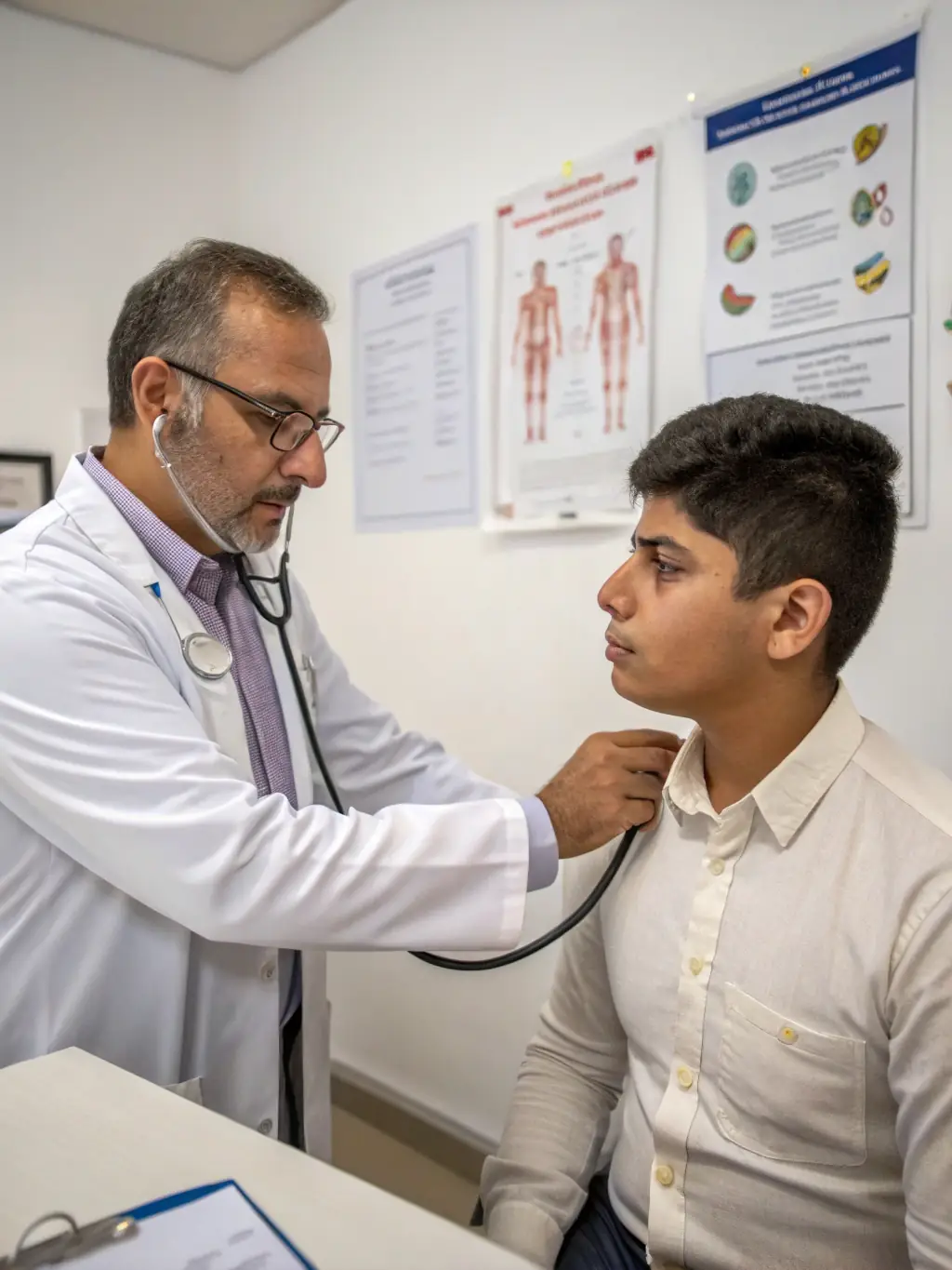 A doctor performing a DOT physical exam on a truck driver, highlighting the thoroughness and compliance of Dunnam Occupational Care's physical examination services.