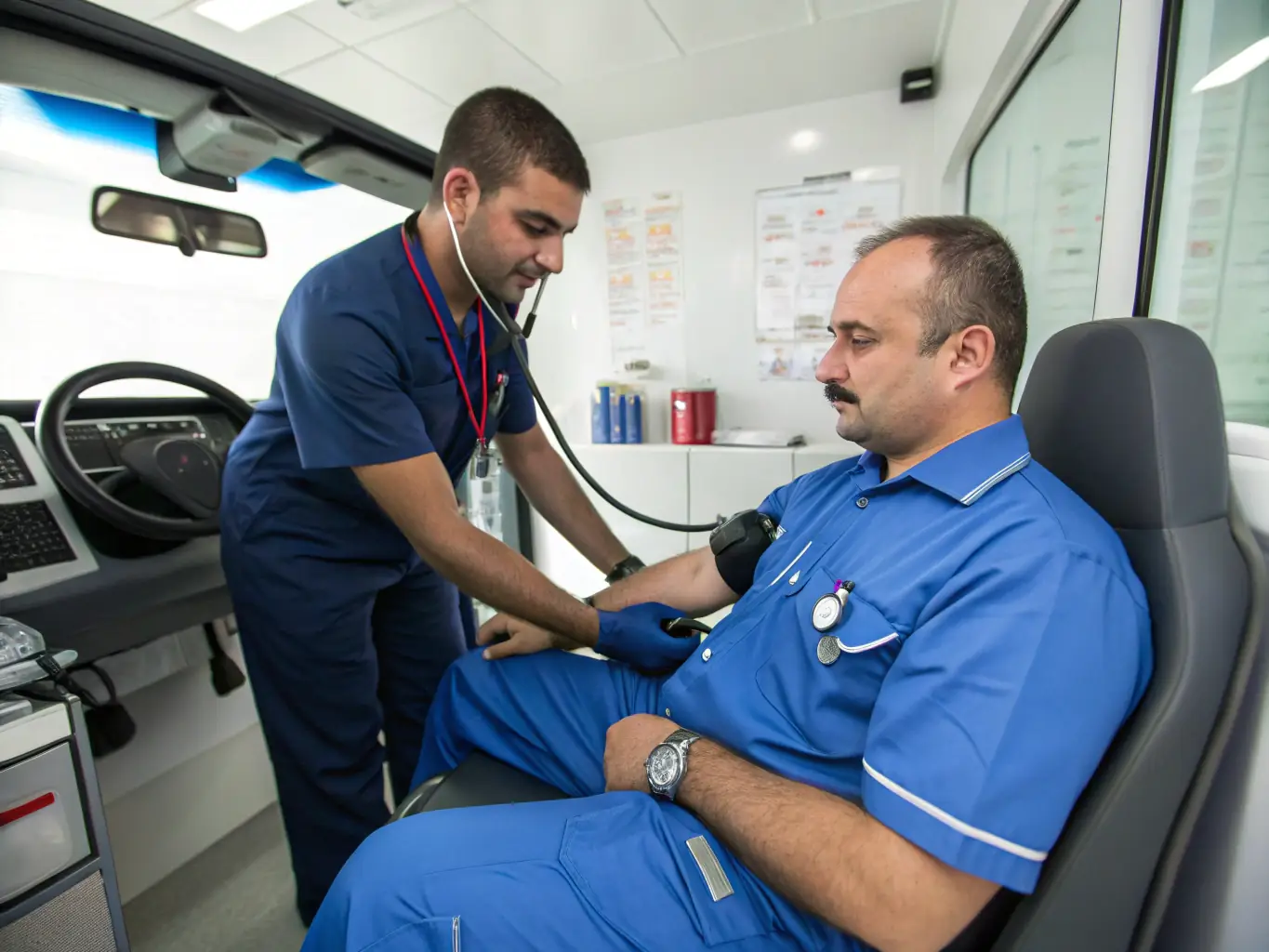 A medical professional conducting a physical exam for a commercial driver in a well-equipped clinic, highlighting Dunnam Occupational Care's expertise in DOT and non-DOT physicals.
